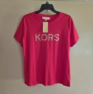 MICHAEL Michael Kors Gold Metallic Logo Red Short Sleeve T-Shirt, size M